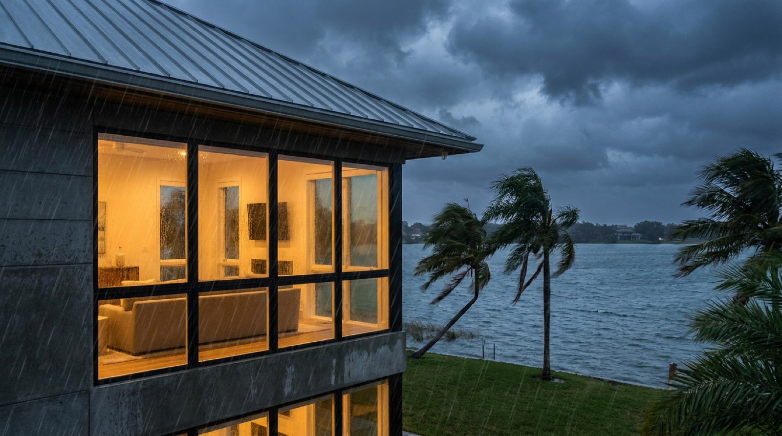 South Florida home with impact windows standing secure during a hurricane, serving Pompano Beach