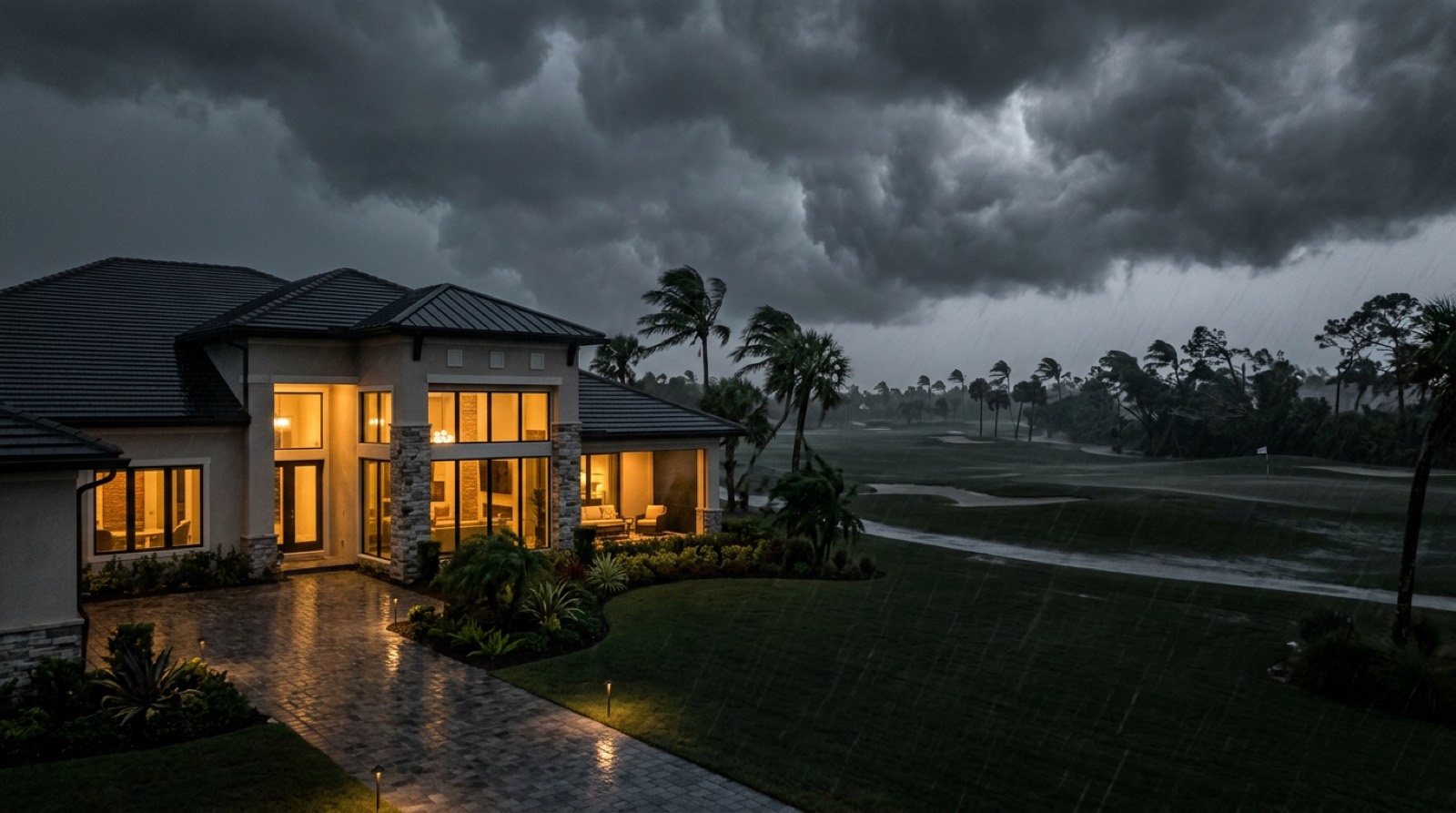 South Florida home with impact windows standing secure during a hurricane, serving Sunrise