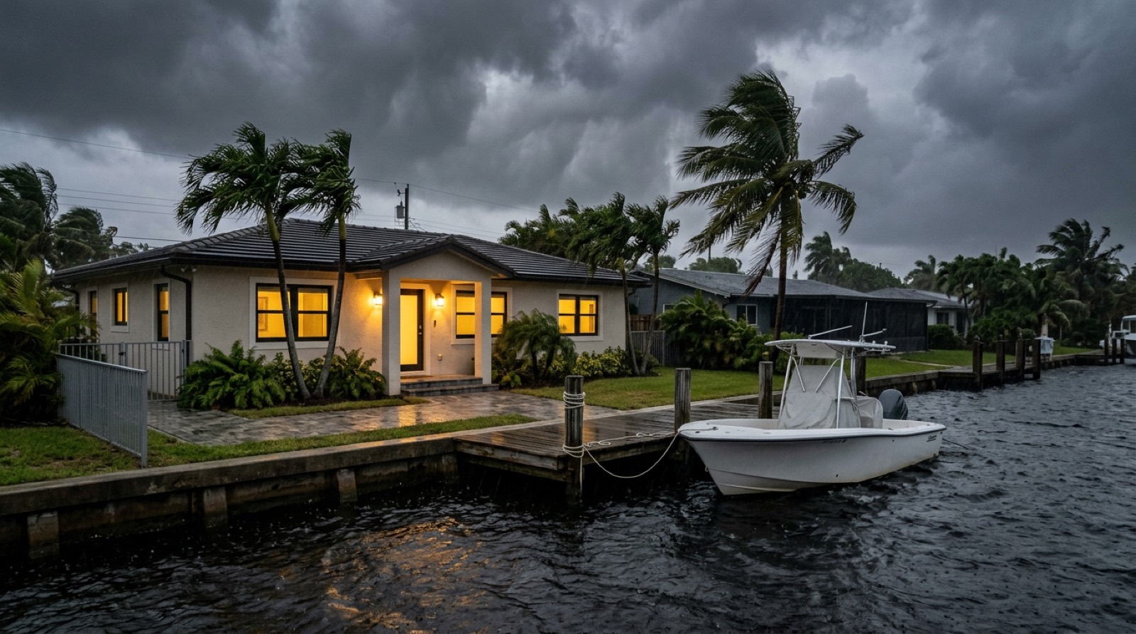 South Florida home with impact windows standing secure during a hurricane, serving Delray Beach