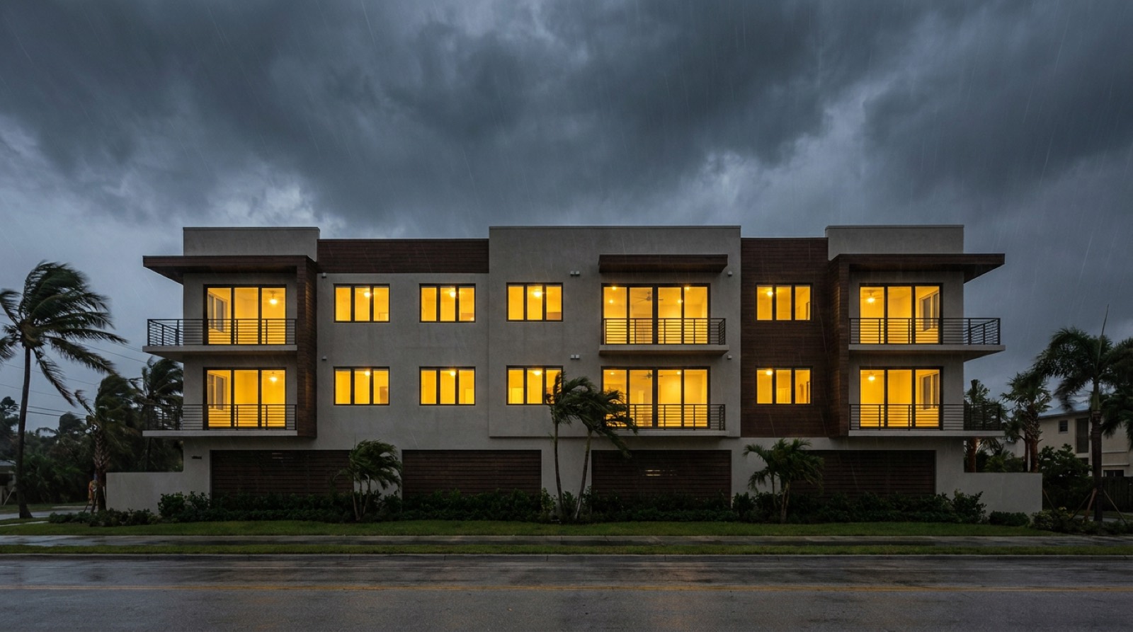 South Florida home with impact windows standing secure during a hurricane, serving Key Biscayne