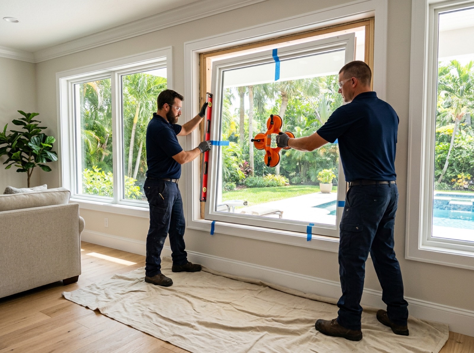 Professional installers replacing windows on a Florida home in the Boynton Beach area