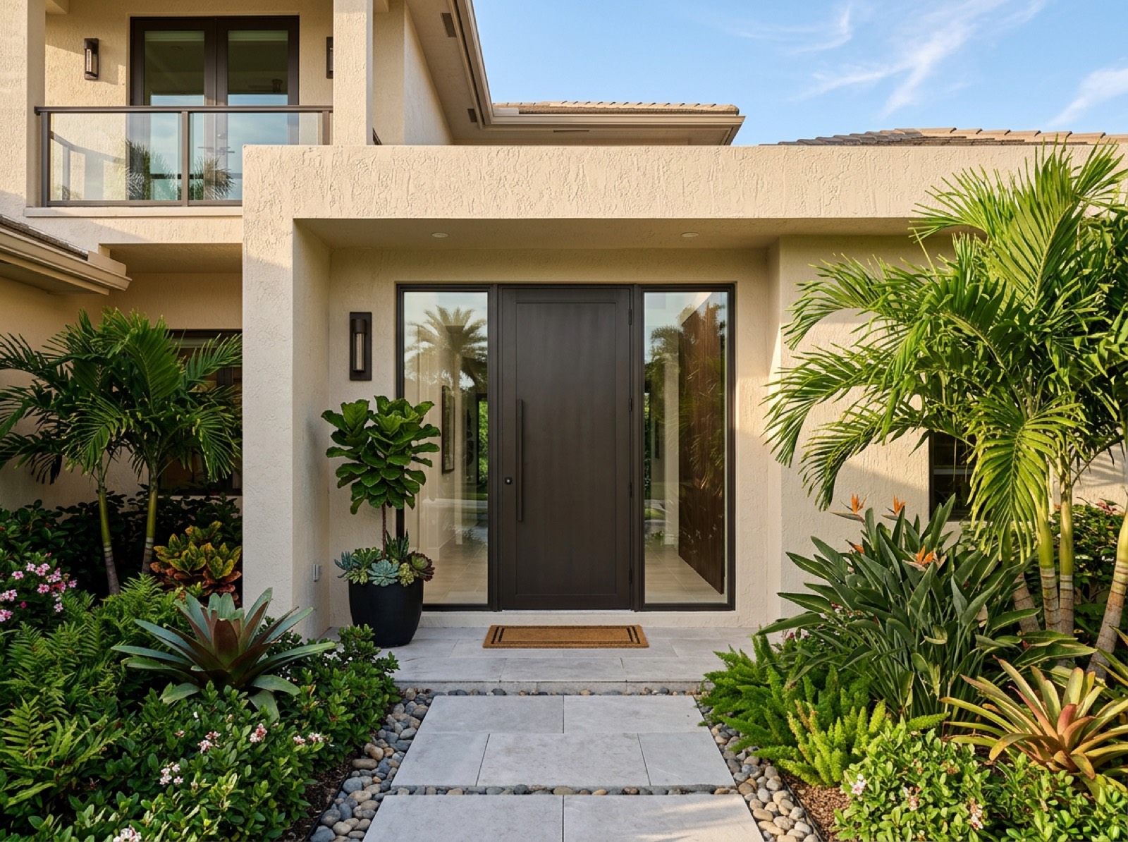 Modern impact-rated front entry door with glass sidelites