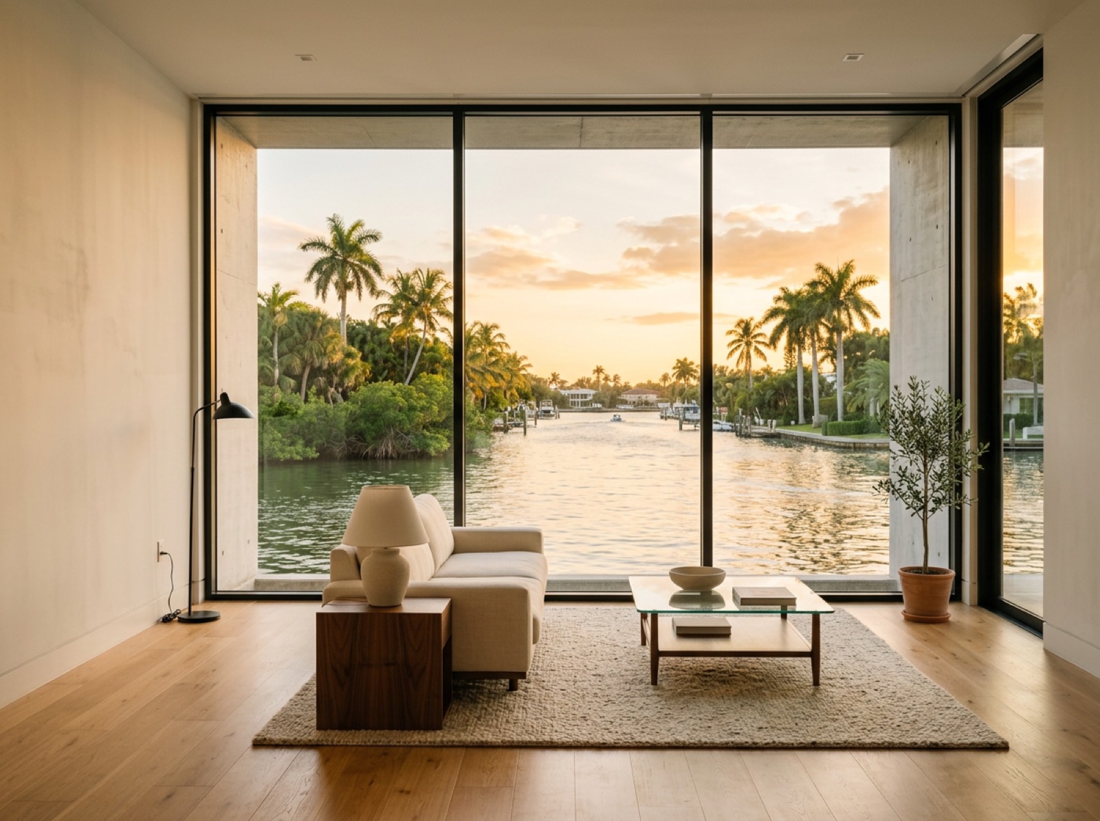 Large fixed picture impact window framing a Florida waterway