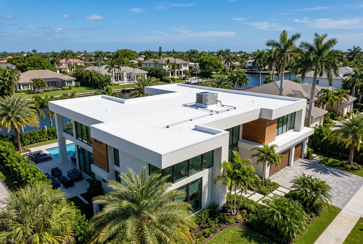 White TPO membrane flat roof on a modern South Florida home