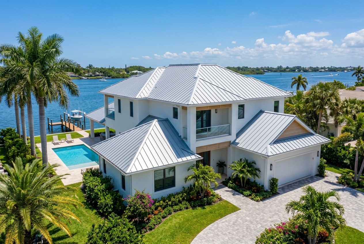 New standing seam metal roof on a coastal South Florida home