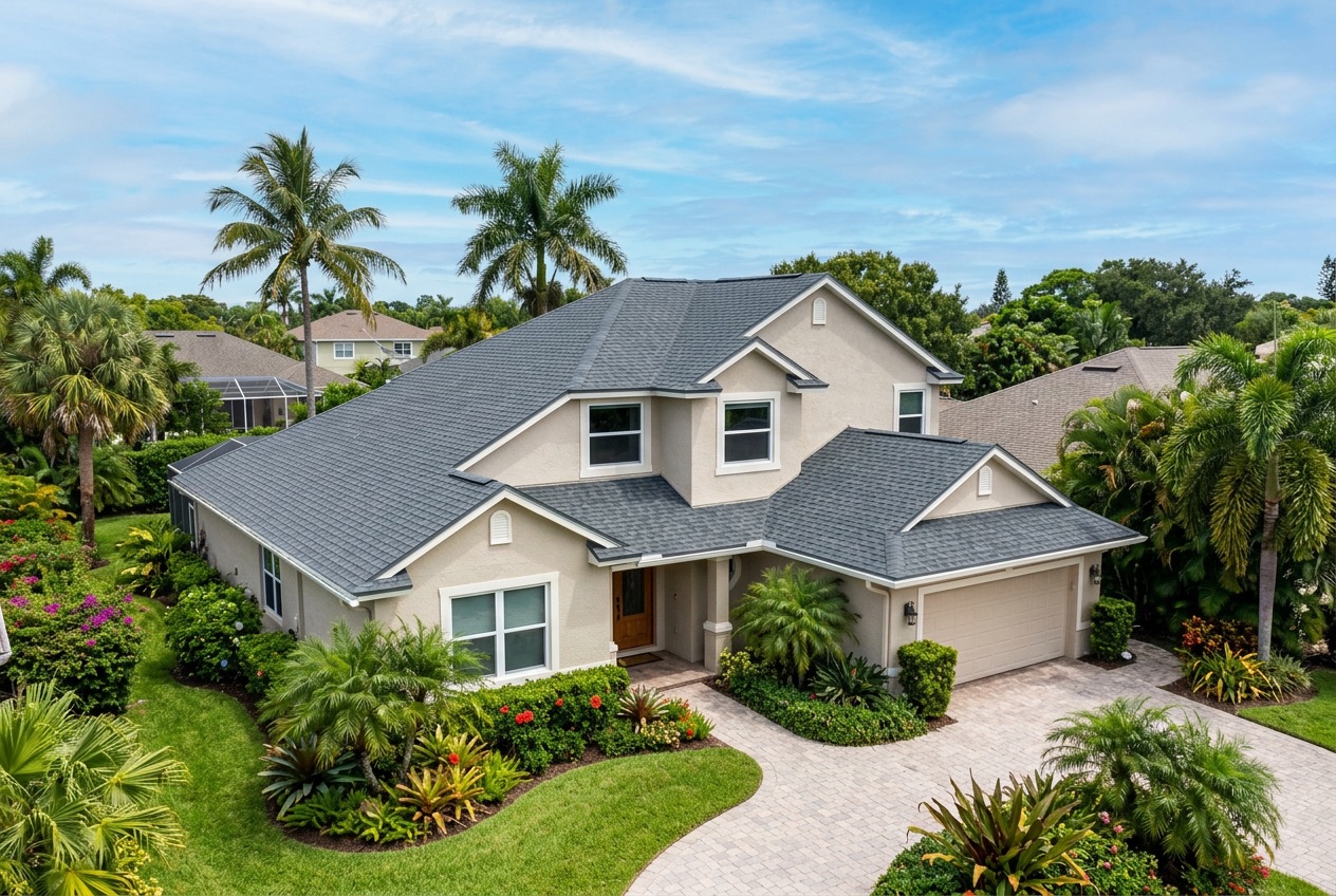 New charcoal architectural shingle roof on a South Florida home