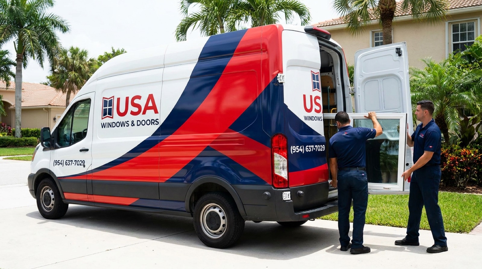 USA Windows and Doors wrapped van with installers unloading an impact window